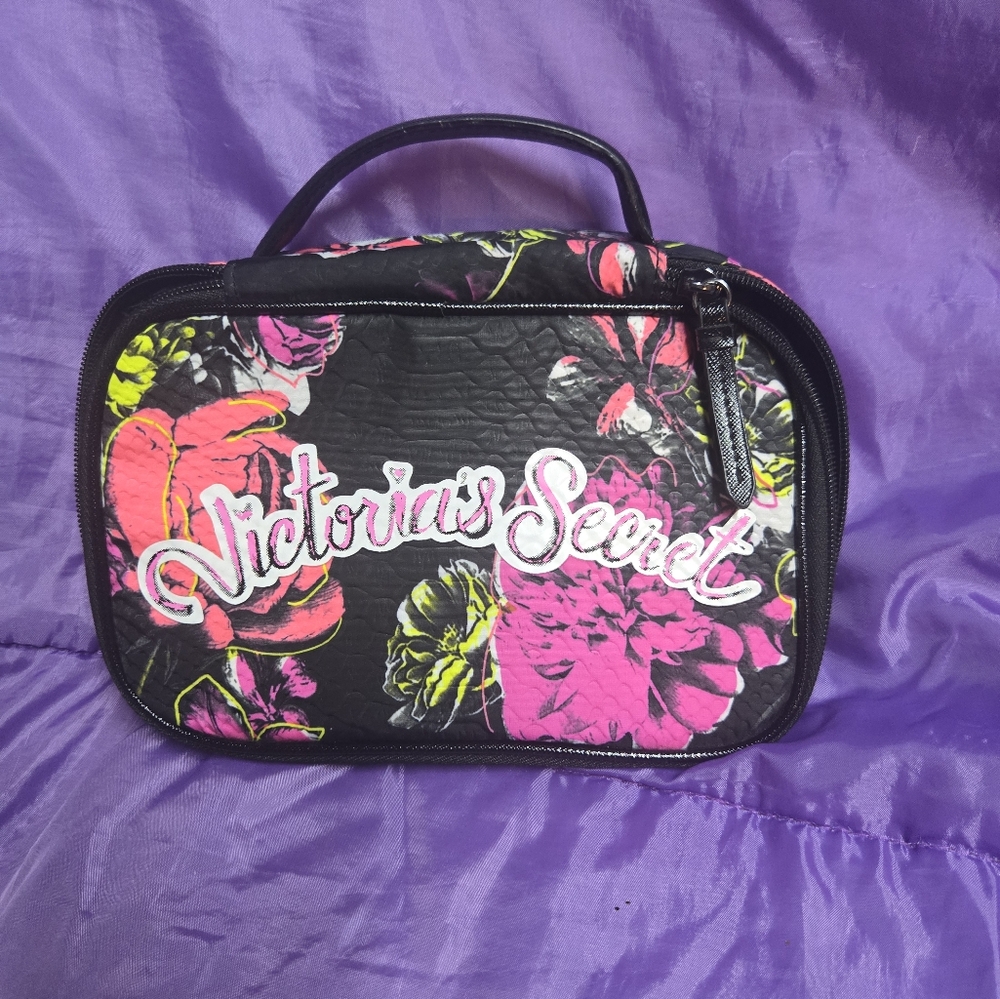 Like New Victoria's Secret Black and Pink Cosmetic Bag Floral Design